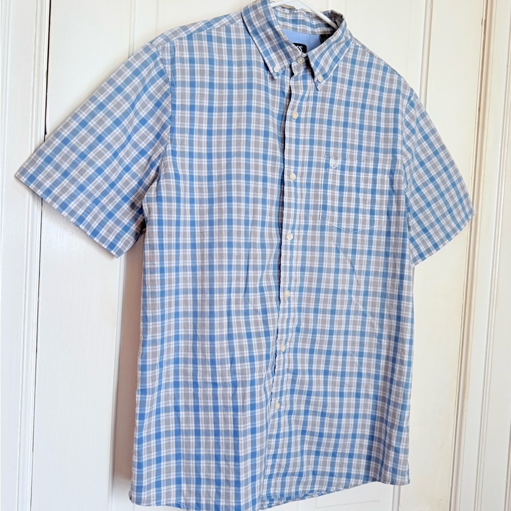 Ralph Lauren Chaps Light Blue Checkered Casual Button Down Plaid Shirt Men's Med